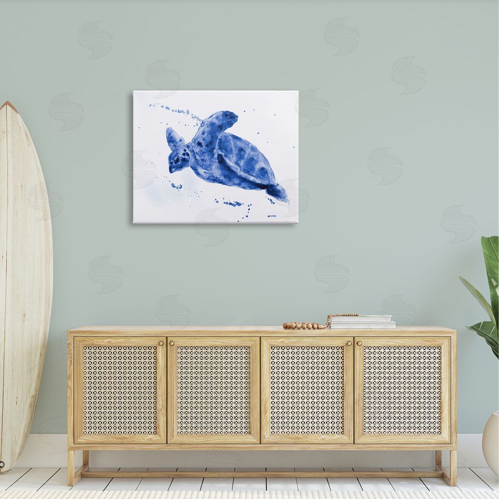 Patti Mann Blue Sea Turtle Splashing Water Bubbles Canvas Wall Art Print in Room