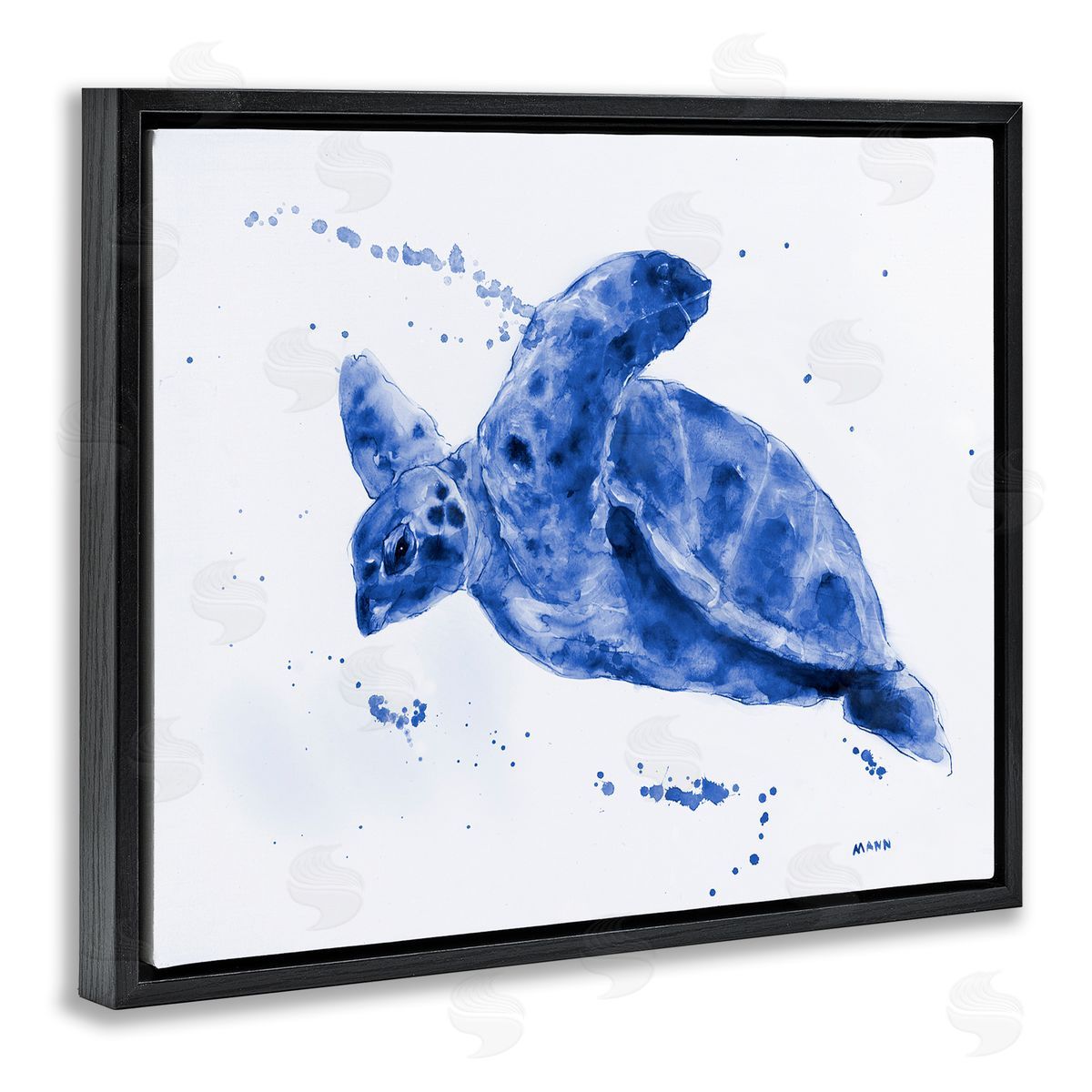 Patti Mann Blue Sea Turtle Splashing Water Bubbles Black Floating Frame Canvas Wall Art Print
