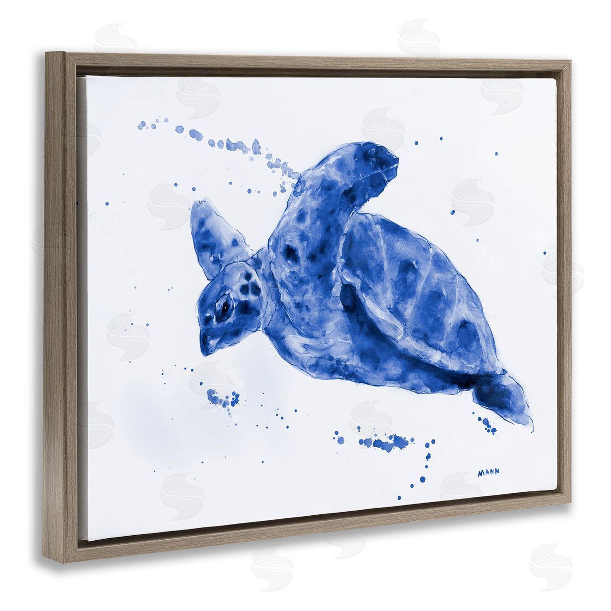 Patti Mann Blue Sea Turtle Splashing Water Bubbles Brown Floating Frame Canvas Wall Art Print