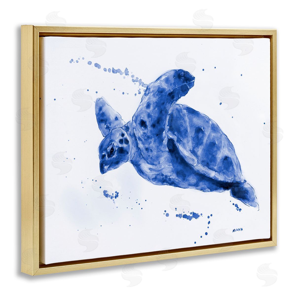 Patti Mann Blue Sea Turtle Splashing Water Bubbles Gold Floating Frame Canvas Wall Art Print