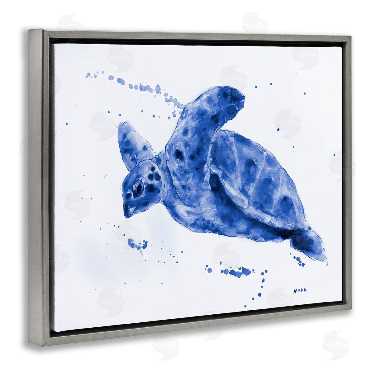 Patti Mann Blue Sea Turtle Splashing Water Bubbles Gray Floating Frame Canvas Wall Art Print