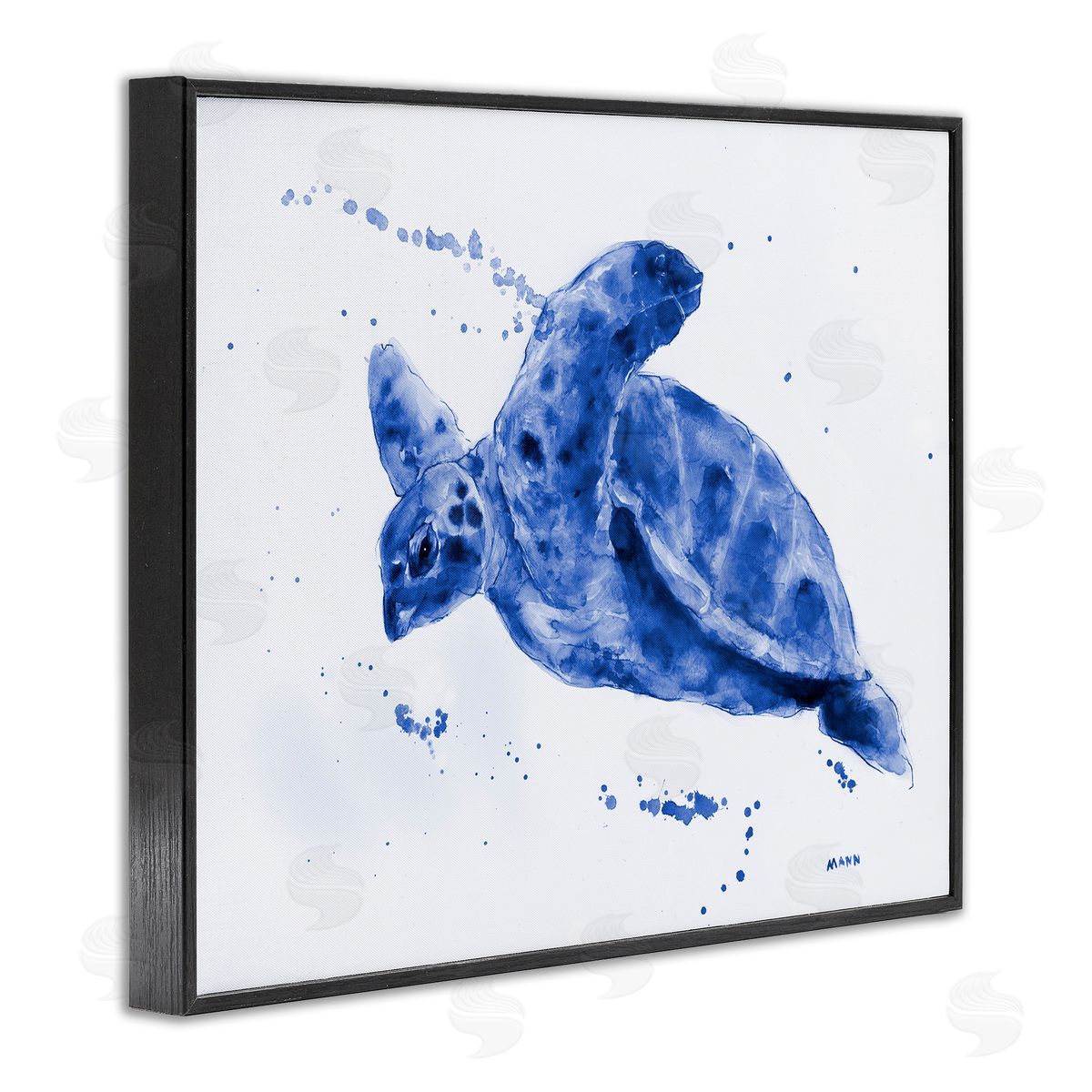 Patti Mann Blue Sea Turtle Splashing Water Bubbles Black Framed Giclee Wall Art Print