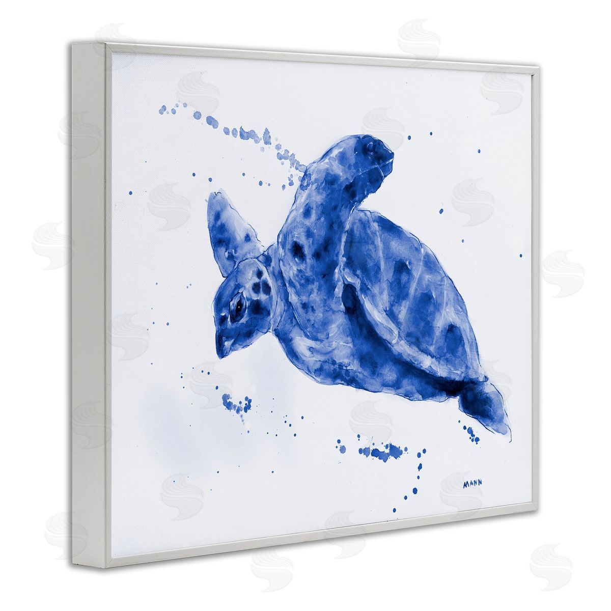 Patti Mann Blue Sea Turtle Splashing Water Bubbles White Framed Giclee Wall Art Print