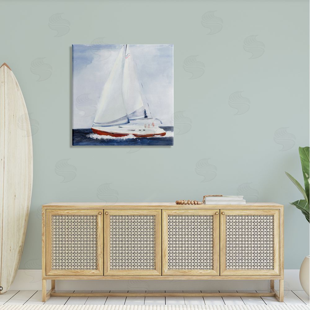 Jill Martin Sail Boat Against Cloudy Sky Ocean Foam Splashing  Canvas Wall Art in Room