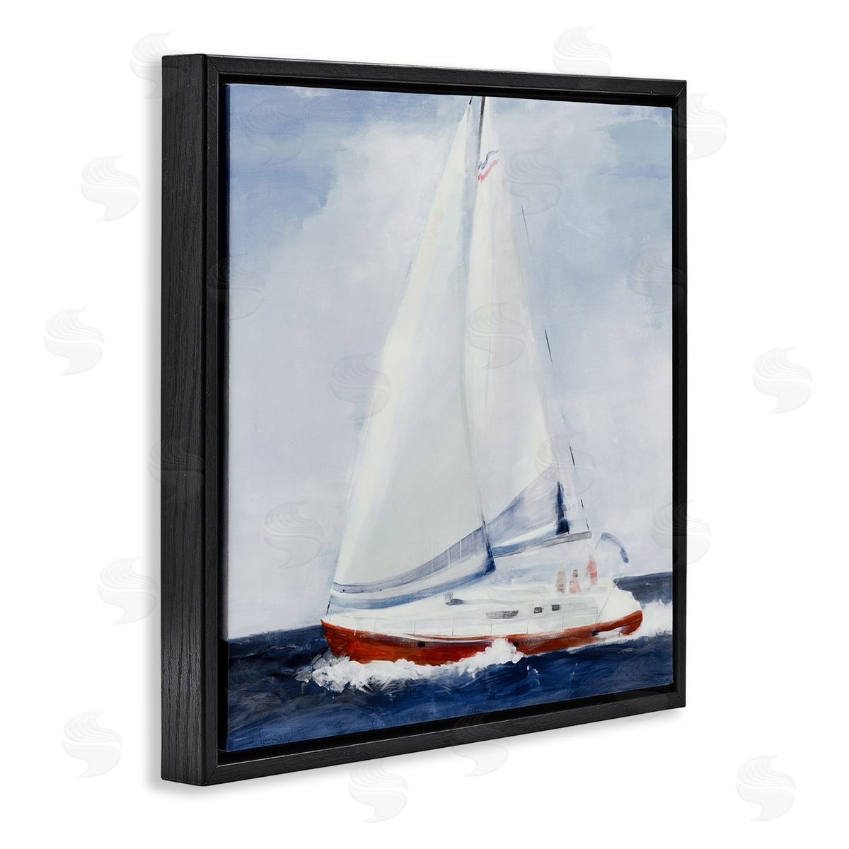 Jill Martin Sail Boat Against Cloudy Sky Ocean Foam Splashing  Black Floating Frame Canvas Wall Art Print