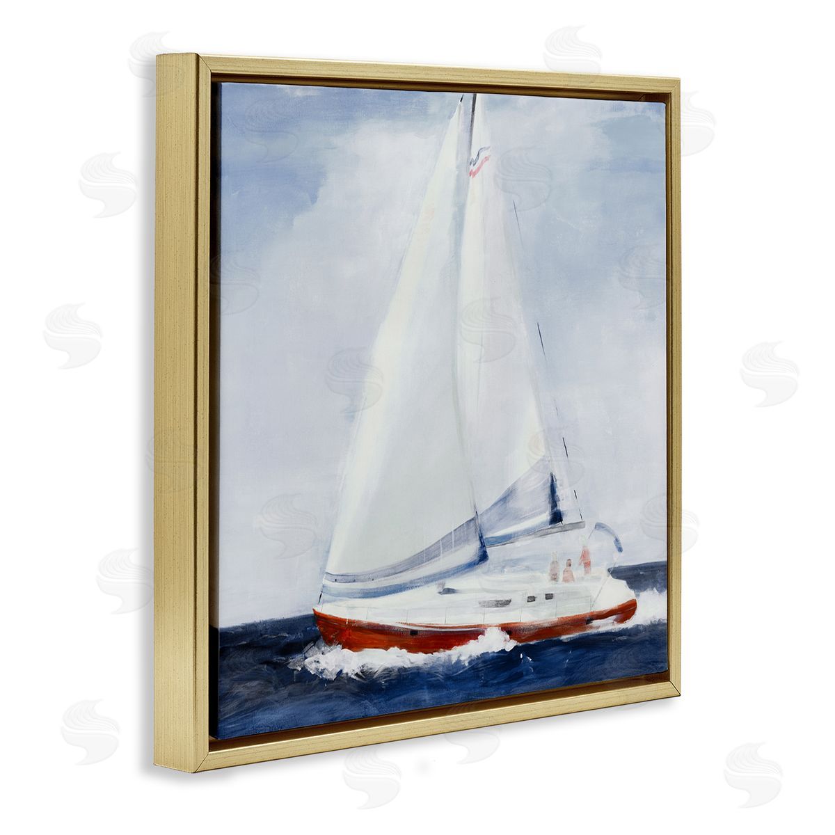 Jill Martin Sail Boat Against Cloudy Sky Ocean Foam Splashing  Gold Floating Frame Canvas Wall Art Print
