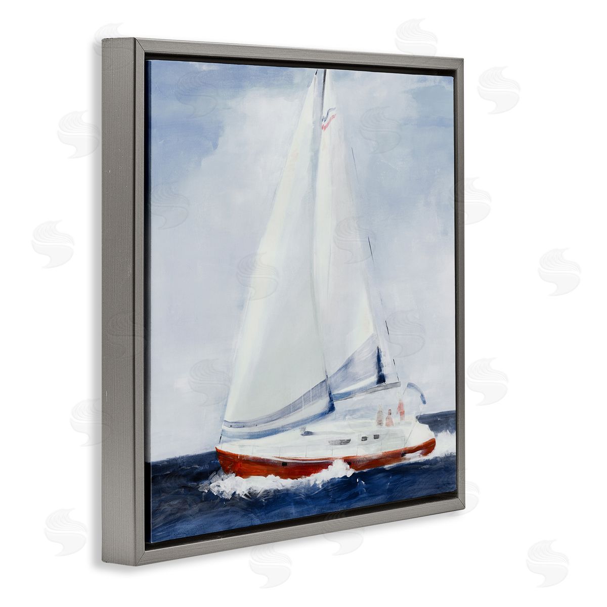 Jill Martin Sail Boat Against Cloudy Sky Ocean Foam Splashing  Gray Floating Frame Canvas Wall Art Print