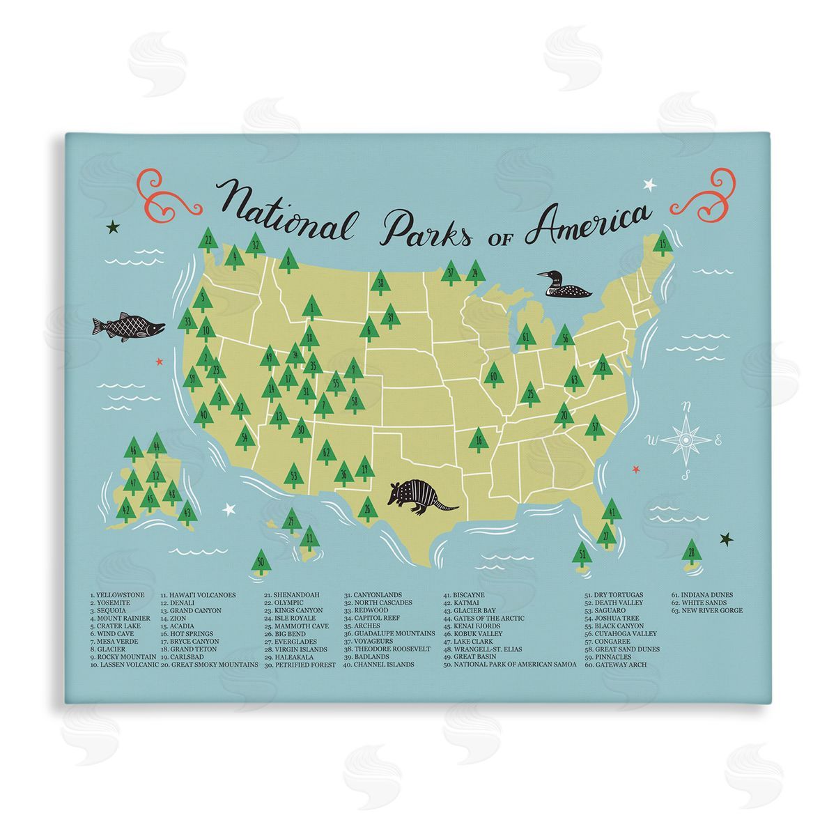 Abi Hall American National Parks Detailed Informative Map Diagram  Stretched Canvas Wall Art Print