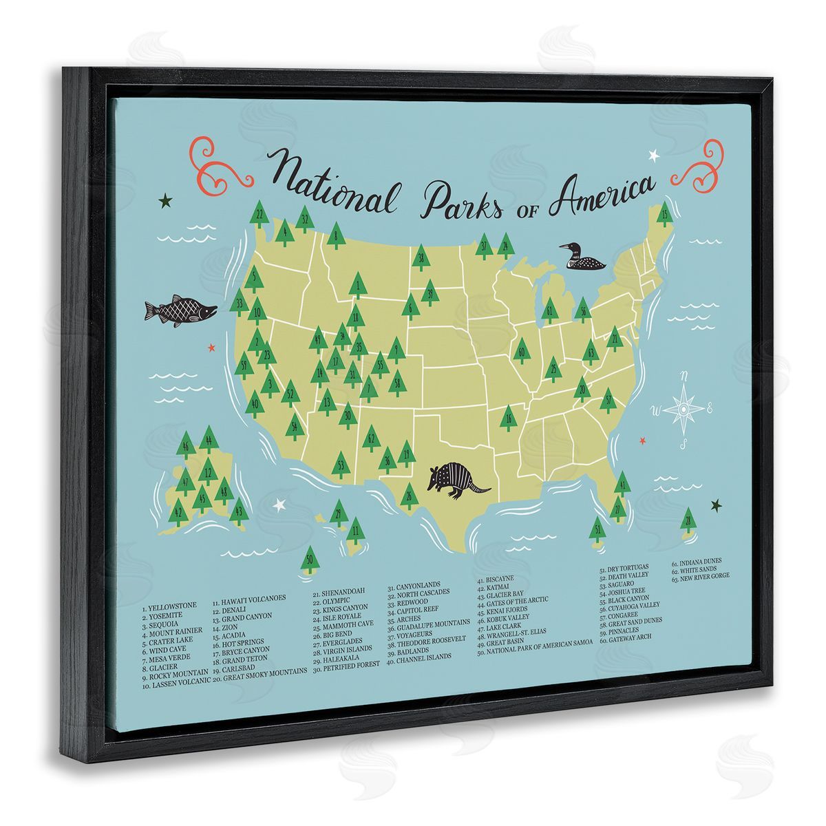 Abi Hall American National Parks Detailed Informative Map Diagram  Black Floating Frame Canvas Wall Art Print