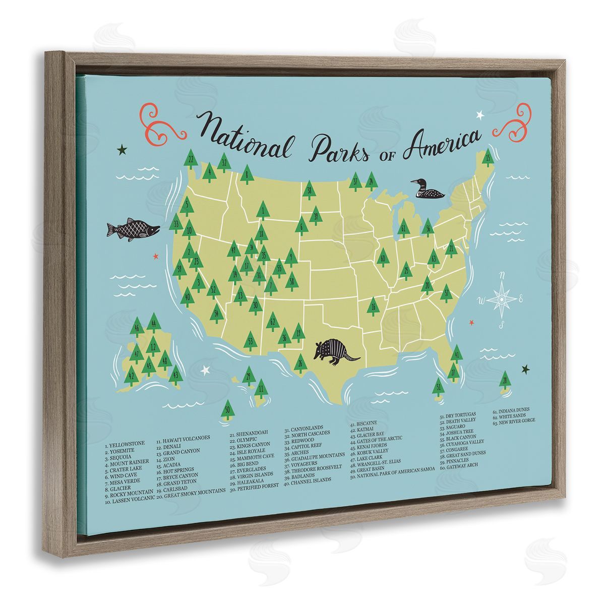 Abi Hall American National Parks Detailed Informative Map Diagram  Brown Floating Frame Canvas Wall Art Print