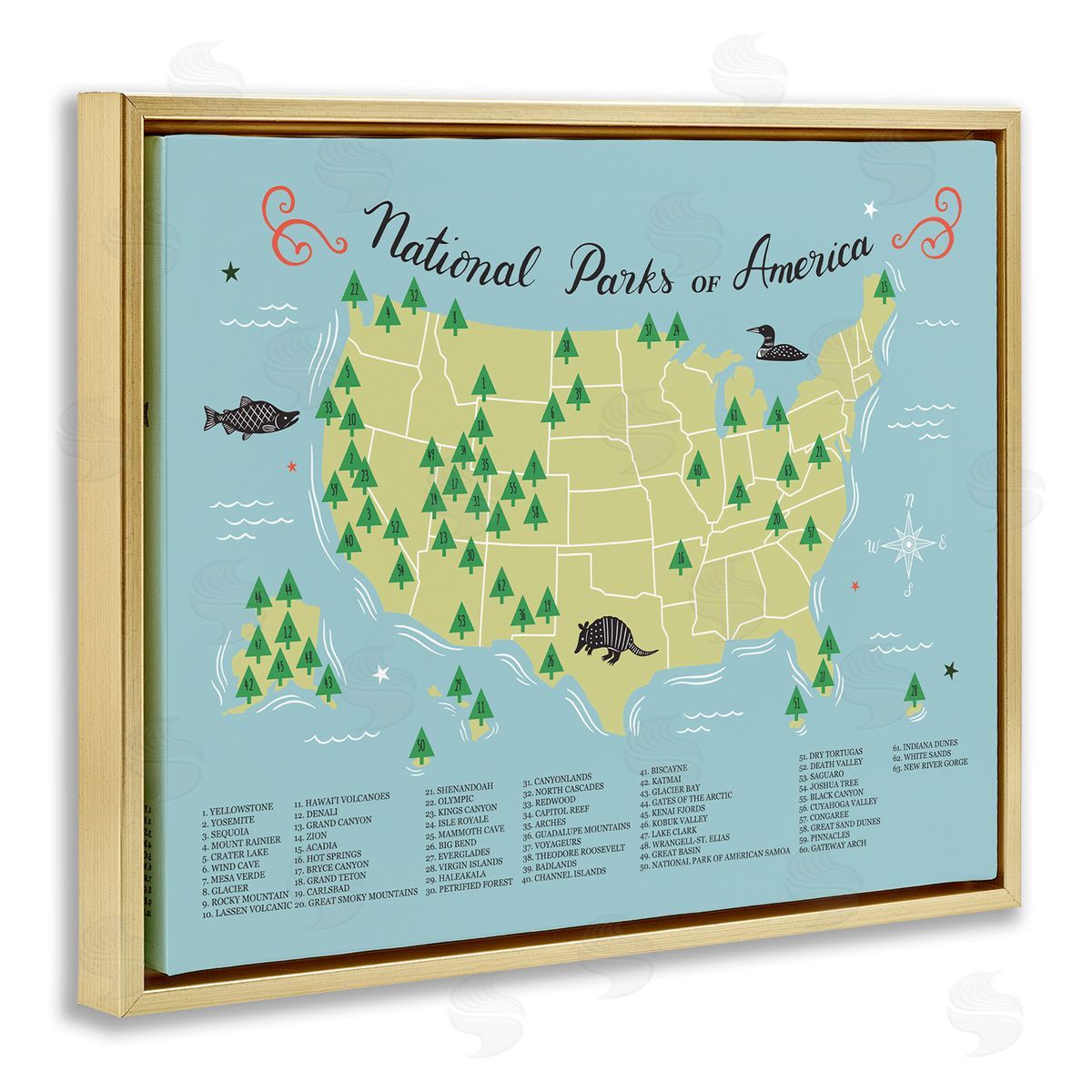 Abi Hall American National Parks Detailed Informative Map Diagram  Gold Floating Frame Canvas Wall Art Print
