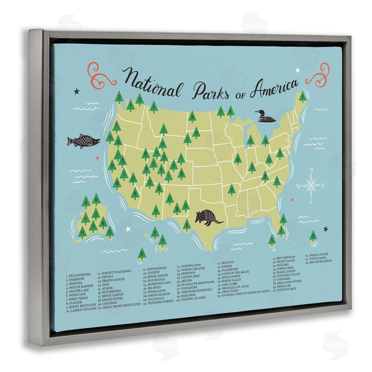 Abi Hall American National Parks Detailed Informative Map Diagram  Gray Floating Frame Canvas Wall Art Print