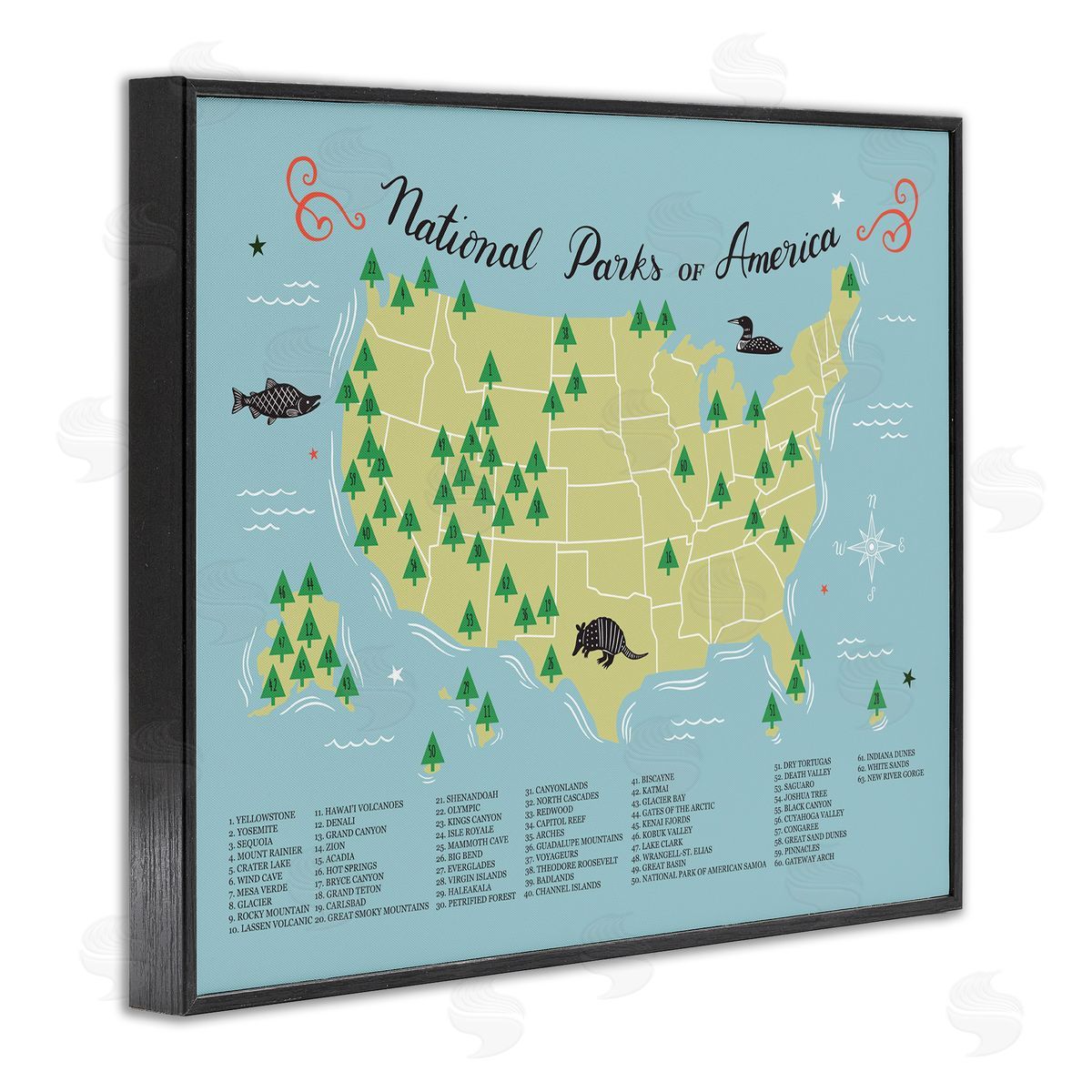 Abi Hall American National Parks Detailed Informative Map Diagram  Black Framed Giclee Wall Art Print