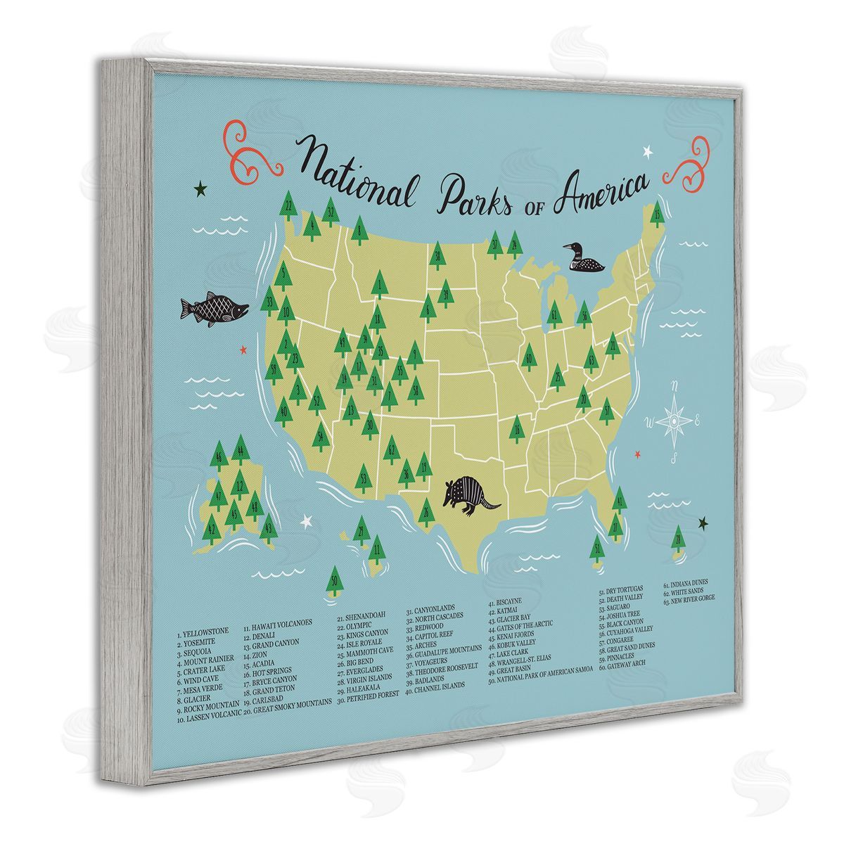 Abi Hall American National Parks Detailed Informative Map Diagram  Gray Framed Giclee Wall Art Print