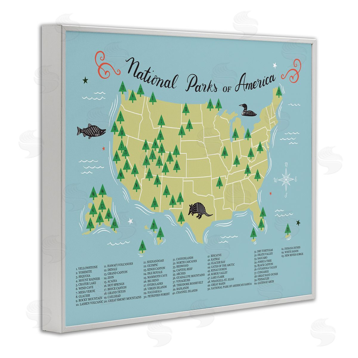 Abi Hall American National Parks Detailed Informative Map Diagram  White Framed Giclee Wall Art Print