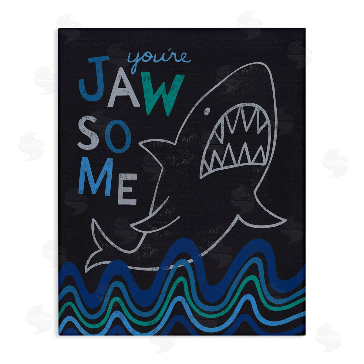 Nina Seven You're Jawsome Witty Shark Phrase Ocean Waves Stripes  Stretched Canvas Wall Art Print
