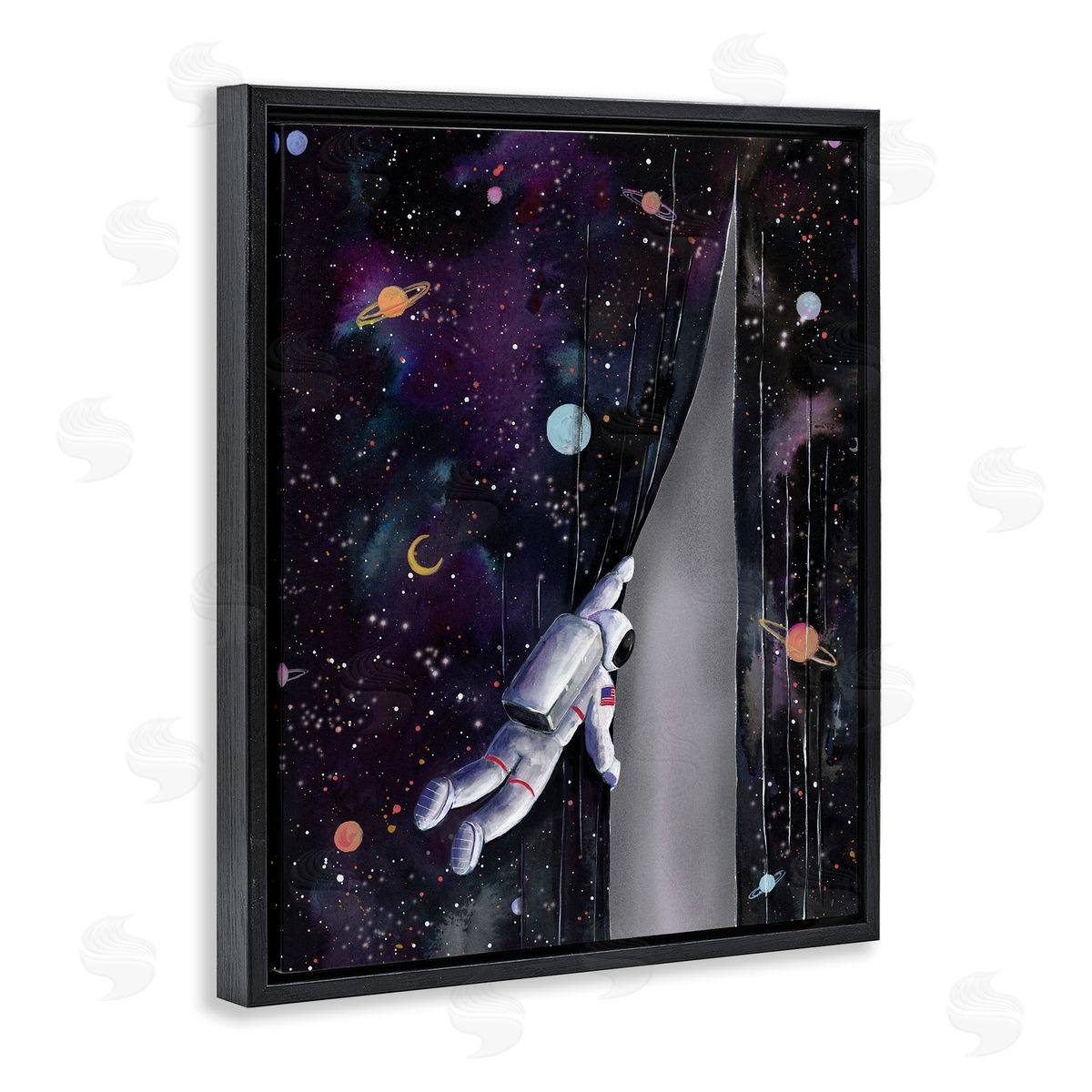 Rachel Nieman Astronaut Opening Galaxy Surreal Universe Planets Stars Black Floating Frame Canvas Wall Art Print