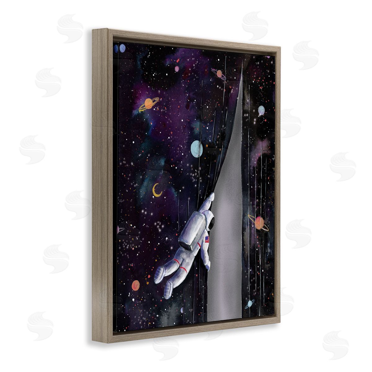 Rachel Nieman Astronaut Opening Galaxy Surreal Universe Planets Stars Brown Floating Frame Canvas Wall Art Print