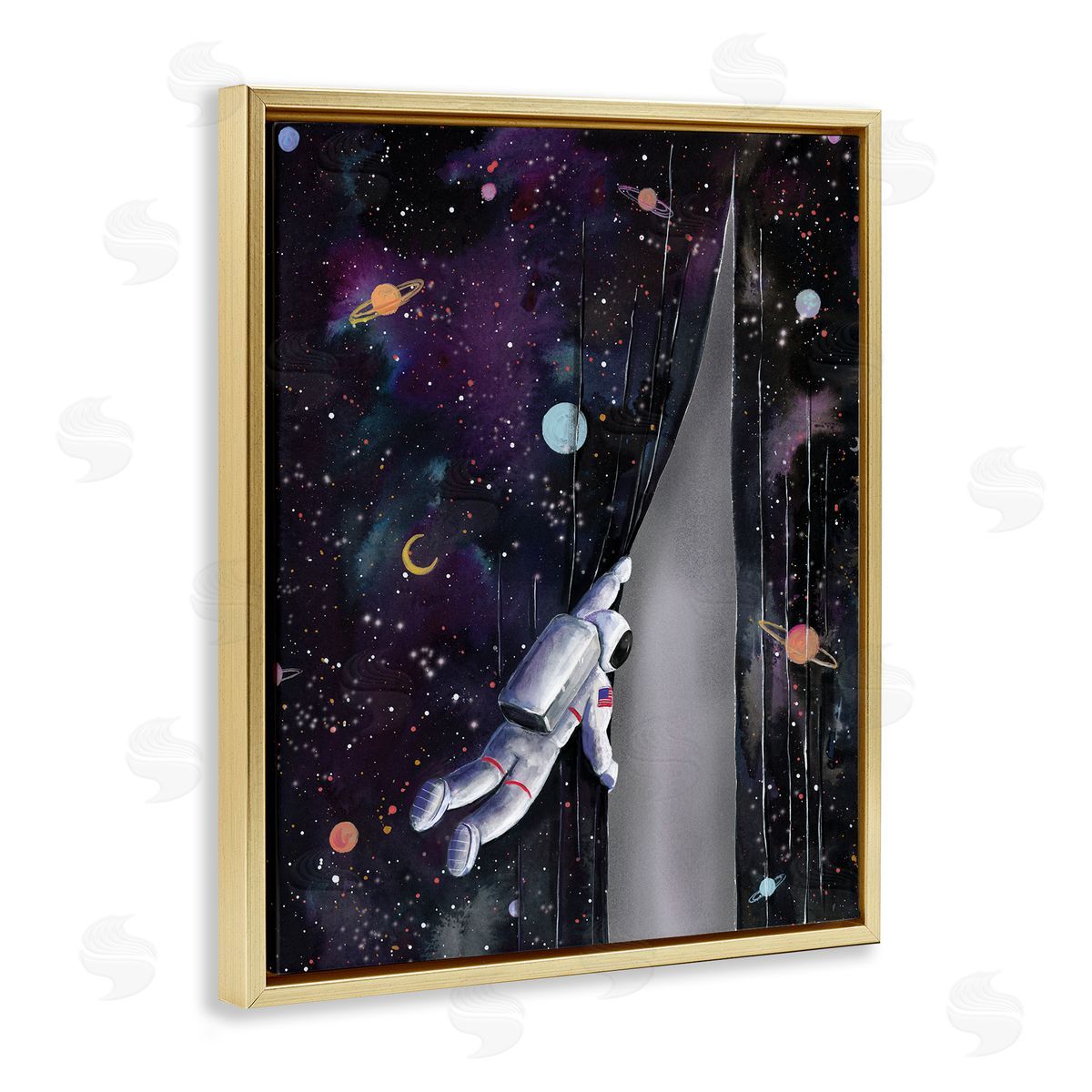 Rachel Nieman Astronaut Opening Galaxy Surreal Universe Planets Stars Gold Floating Frame Canvas Wall Art Print