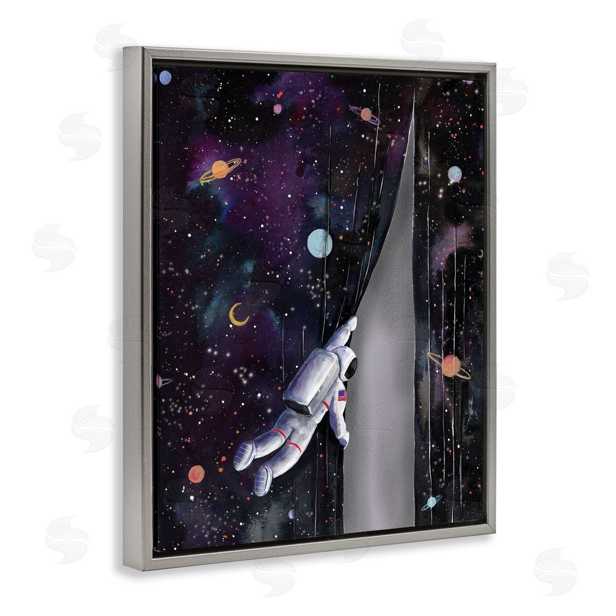 Rachel Nieman Astronaut Opening Galaxy Surreal Universe Planets Stars Gray Floating Frame Canvas Wall Art Print