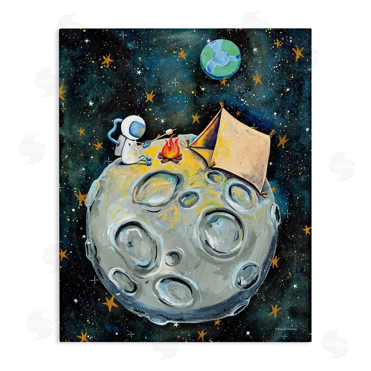 Rachel Nieman Astronaut Camping Moon Whimsical Stars Outer Space Stretched Canvas Wall Art Print