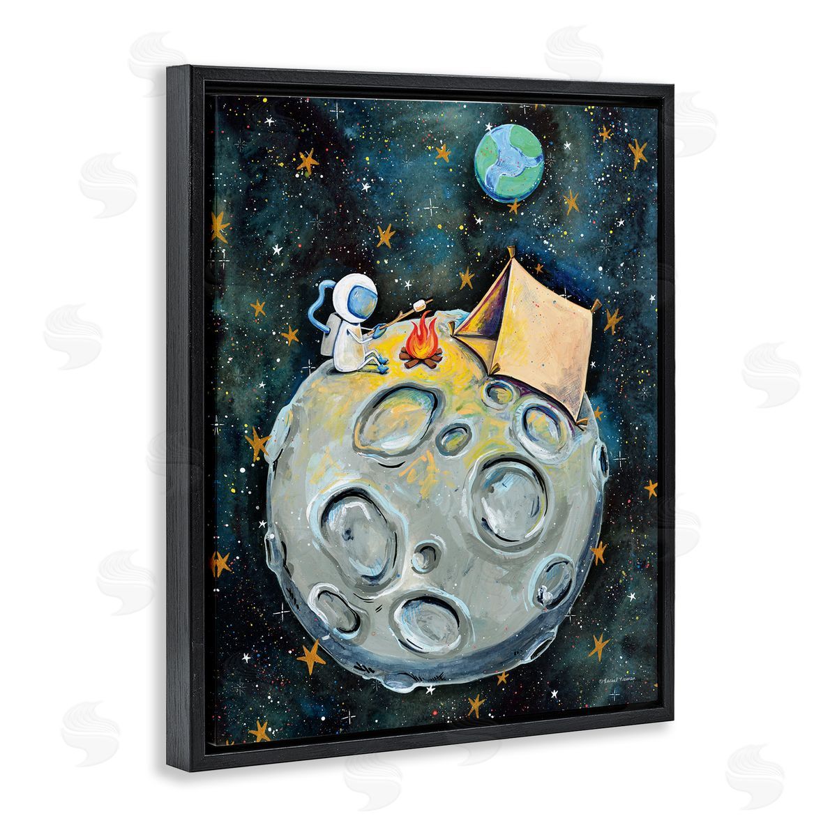 Rachel Nieman Astronaut Camping Moon Whimsical Stars Outer Space Black Floating Frame Canvas Wall Art Print