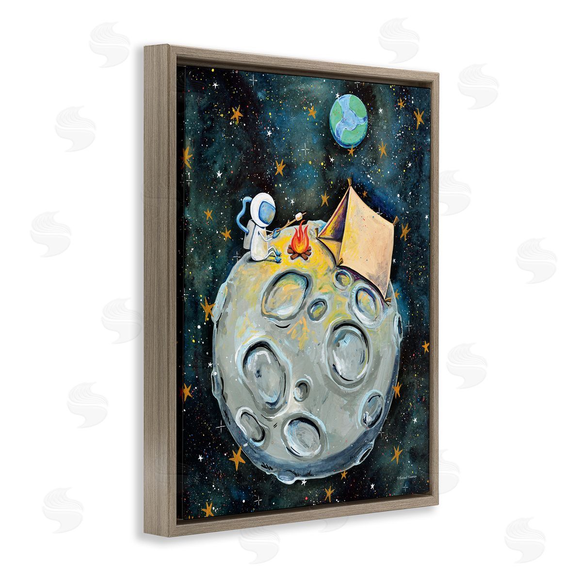 Rachel Nieman Astronaut Camping Moon Whimsical Stars Outer Space Brown Floating Frame Canvas Wall Art Print
