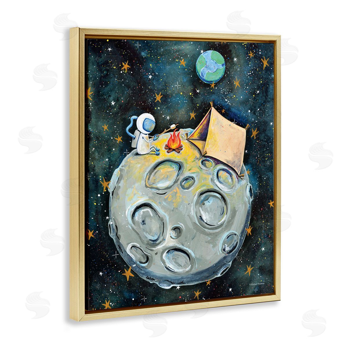 Rachel Nieman Astronaut Camping Moon Whimsical Stars Outer Space Gold Floating Frame Canvas Wall Art Print