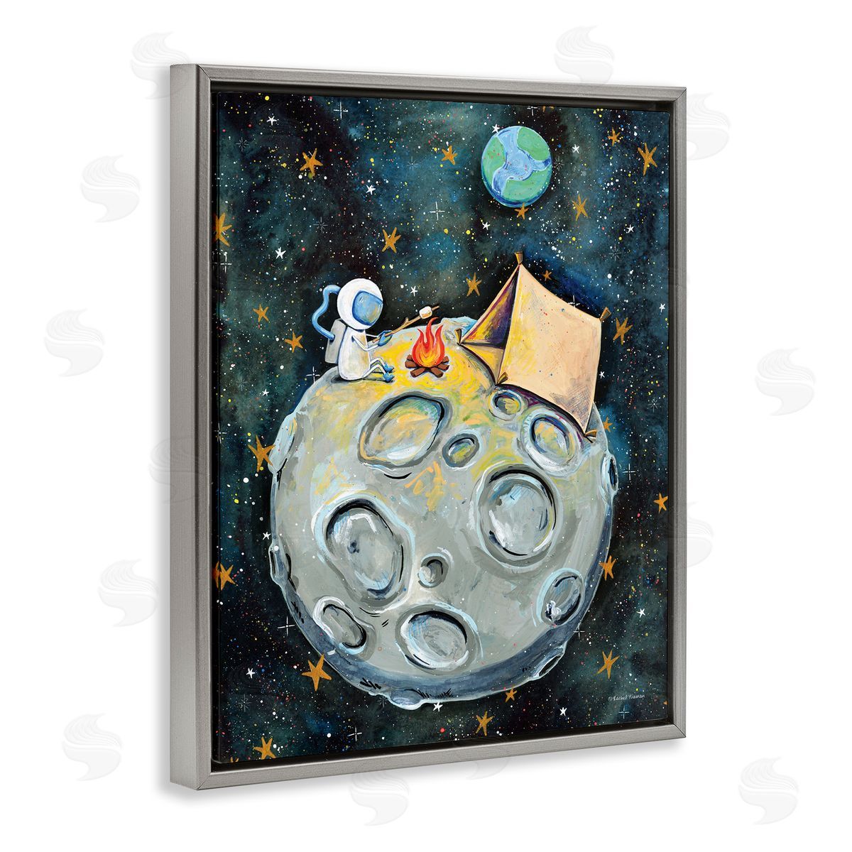 Rachel Nieman Astronaut Camping Moon Whimsical Stars Outer Space Gray Floating Frame Canvas Wall Art Print