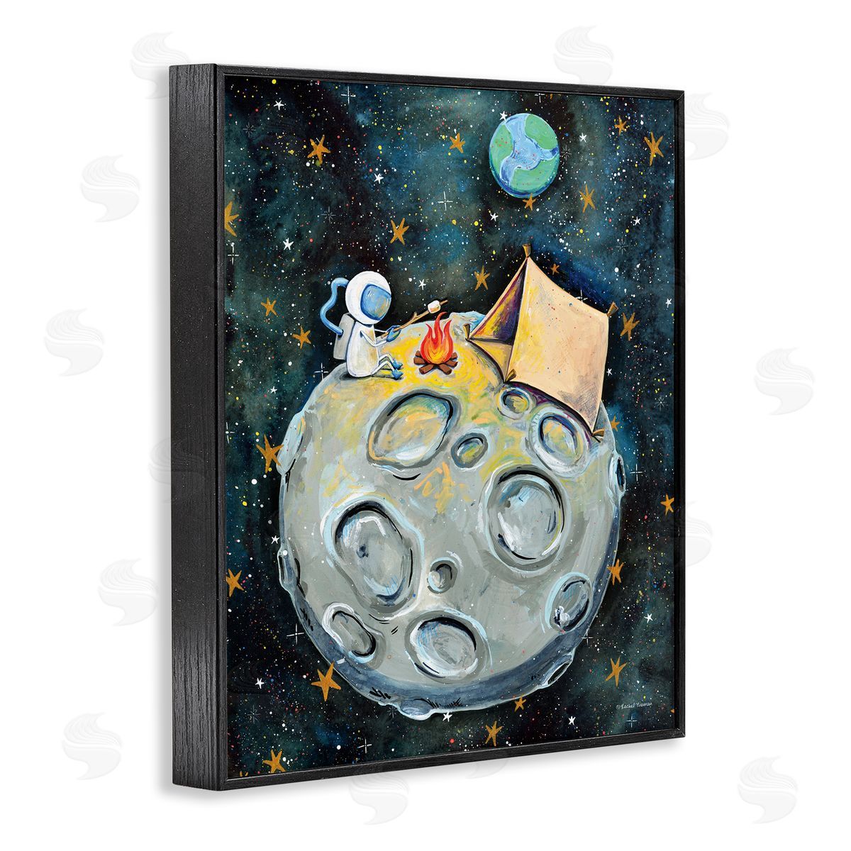Rachel Nieman Astronaut Camping Moon Whimsical Stars Outer Space Black Framed Giclee Wall Art Print