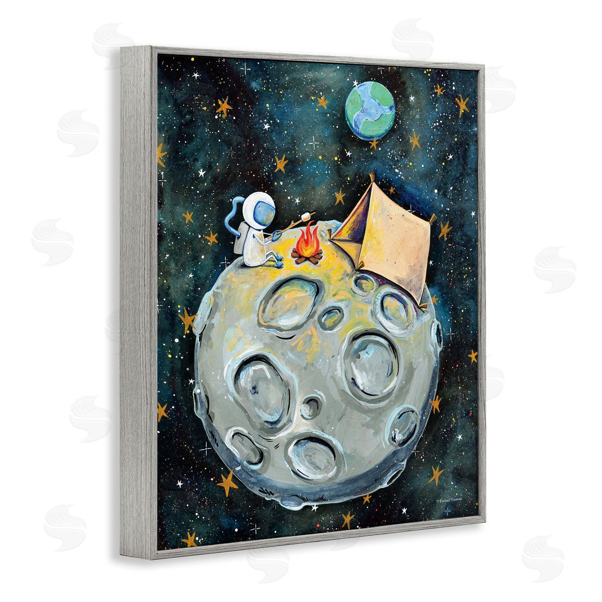 Rachel Nieman Astronaut Camping Moon Whimsical Stars Outer Space Gray Framed Giclee Wall Art Print