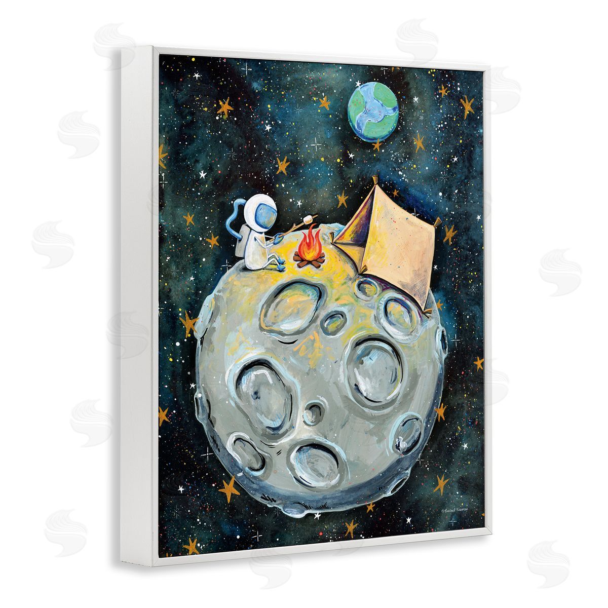 Rachel Nieman Astronaut Camping Moon Whimsical Stars Outer Space White Framed Giclee Wall Art Print