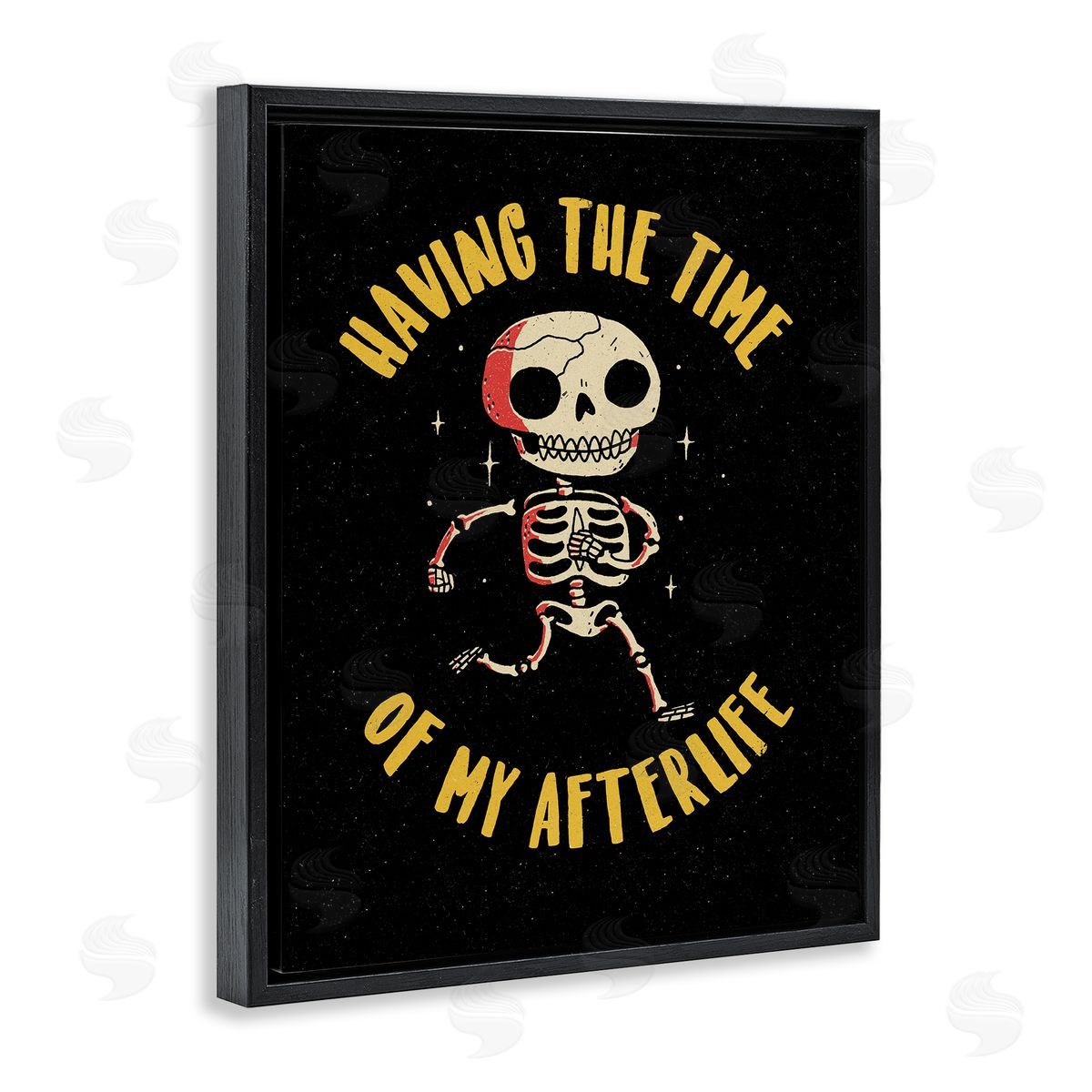 Michael Buxton Time Of My Afterlife Witty Skeleton Smiling Sparkles  Black Floating Frame Canvas Wall Art Print