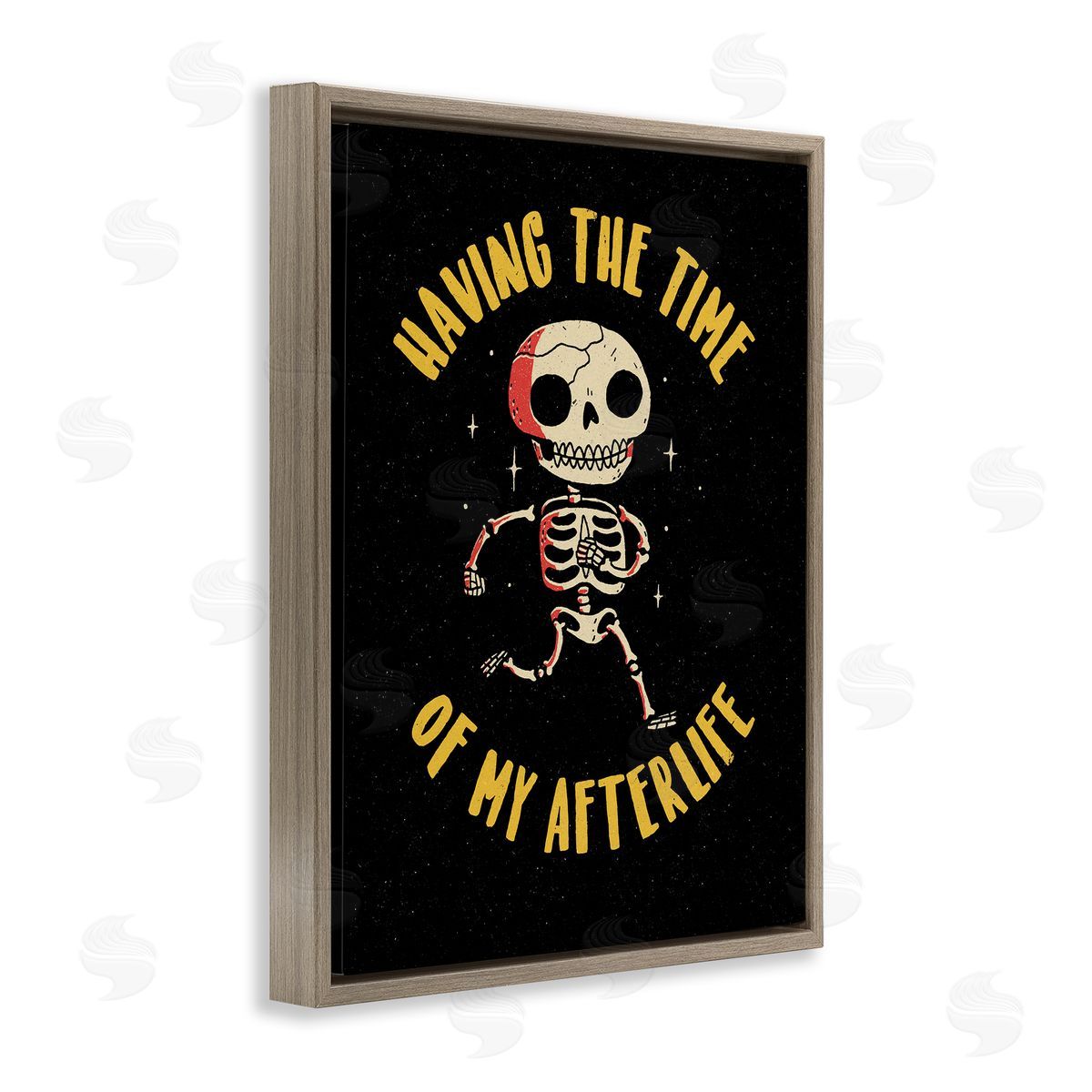 Michael Buxton Time Of My Afterlife Witty Skeleton Smiling Sparkles  Brown Floating Frame Canvas Wall Art Print