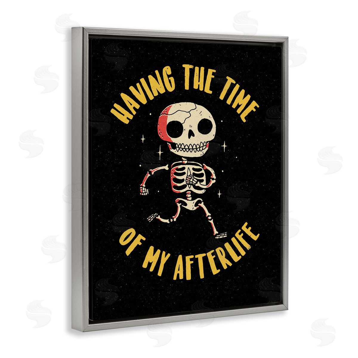 Michael Buxton Time Of My Afterlife Witty Skeleton Smiling Sparkles  Gray Floating Frame Canvas Wall Art Print