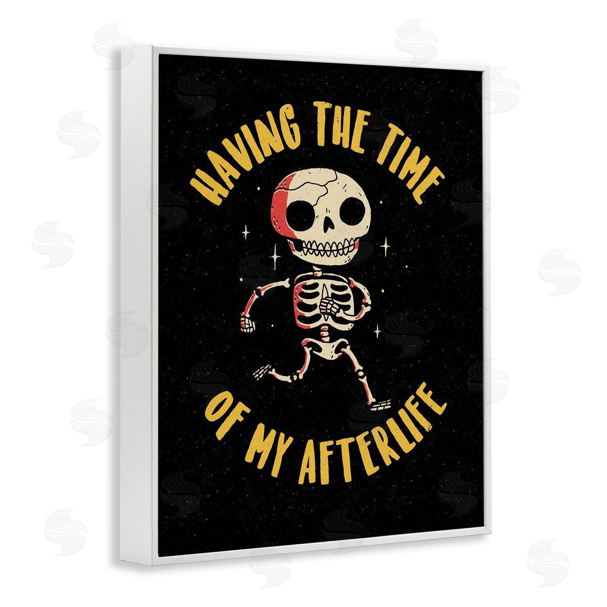 Michael Buxton Time Of My Afterlife Witty Skeleton Smiling Sparkles  White Framed Giclee Wall Art Print