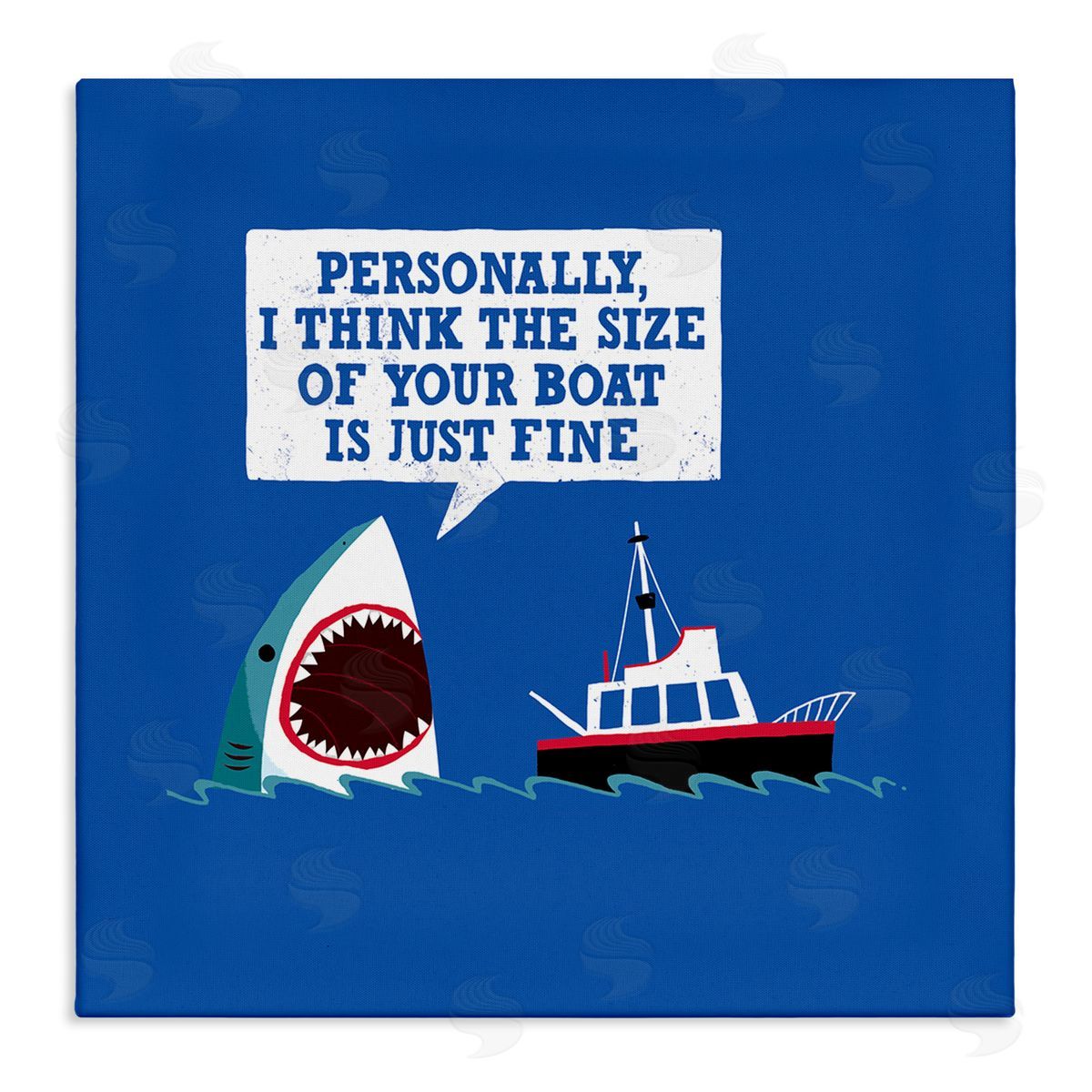 Michael Buxton Silly Shark Eating Boat Ship Blue Ocean Waves  Stretched Canvas Wall Art Print