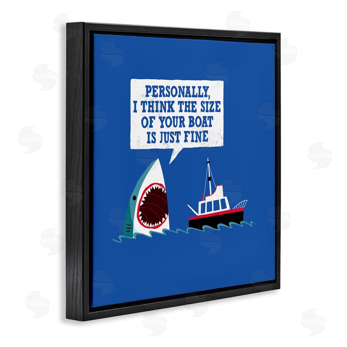 Michael Buxton Silly Shark Eating Boat Ship Blue Ocean Waves  Black Floating Frame Canvas Wall Art Print