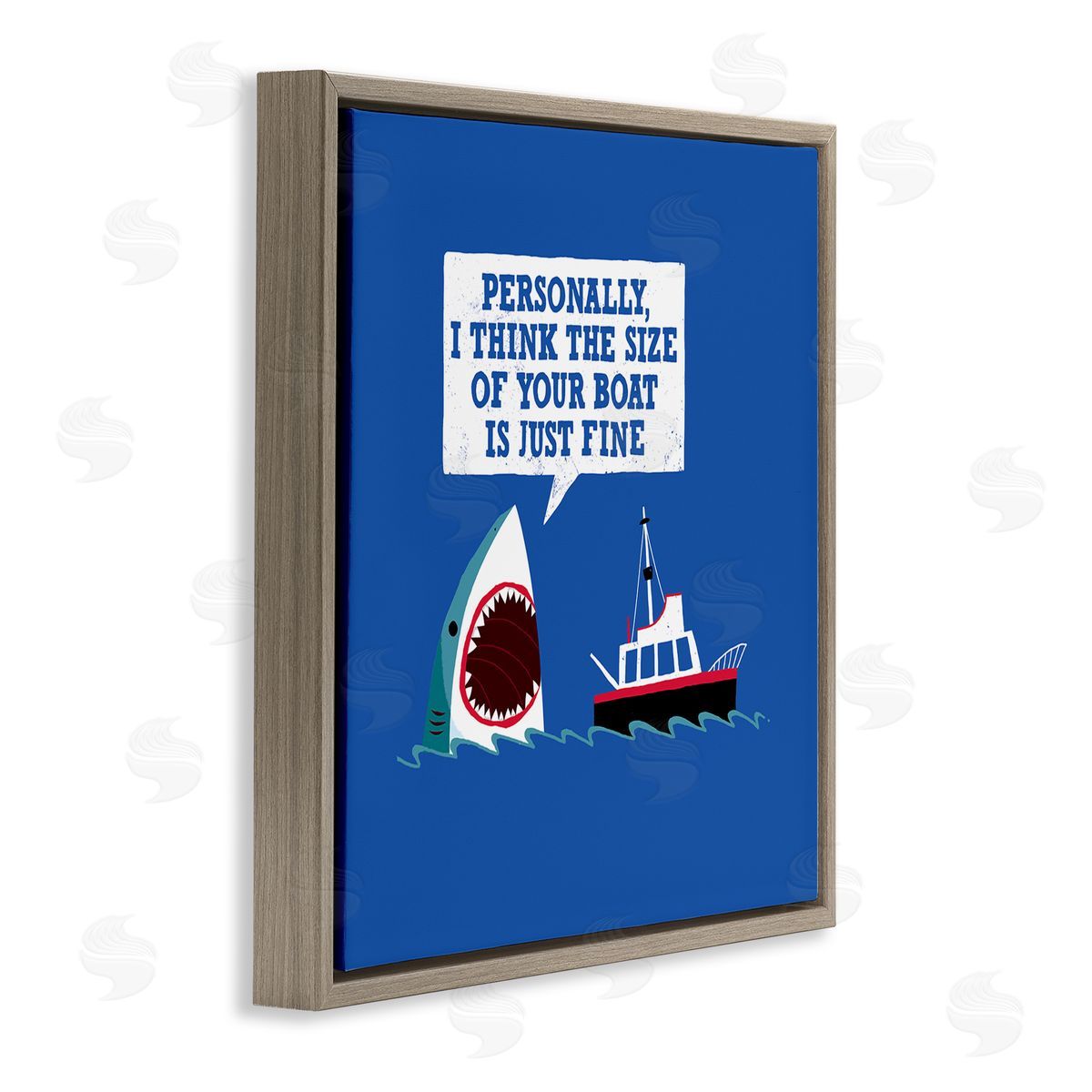 Michael Buxton Silly Shark Eating Boat Ship Blue Ocean Waves  Brown Floating Frame Canvas Wall Art Print