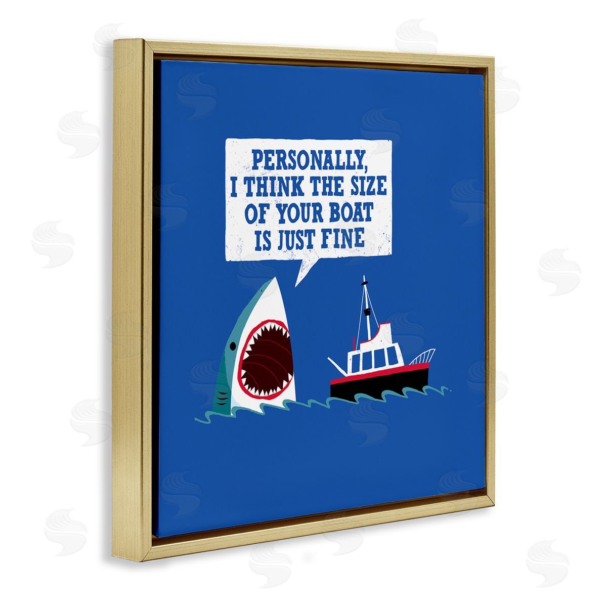 Michael Buxton Silly Shark Eating Boat Ship Blue Ocean Waves  Gold Floating Frame Canvas Wall Art Print