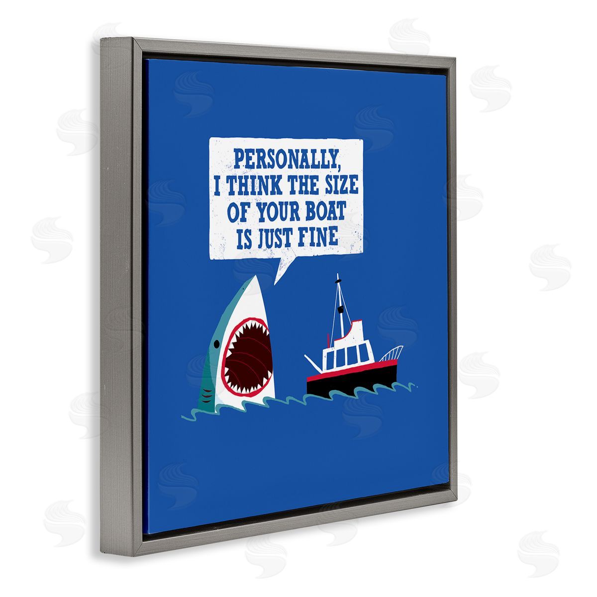 Michael Buxton Silly Shark Eating Boat Ship Blue Ocean Waves  Gray Floating Frame Canvas Wall Art Print