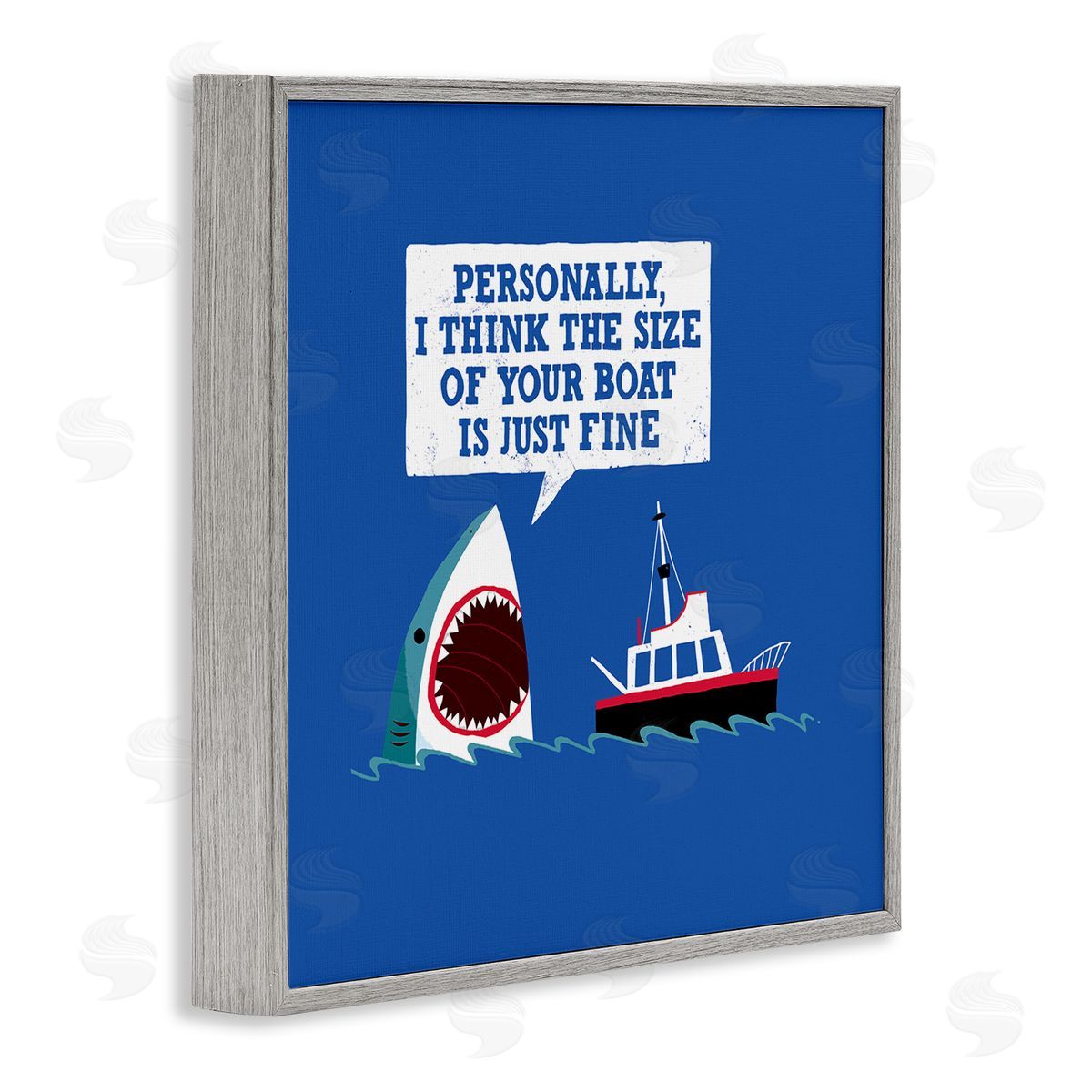 Michael Buxton Silly Shark Eating Boat Ship Blue Ocean Waves  Gray Framed Glicee Wall Art Print