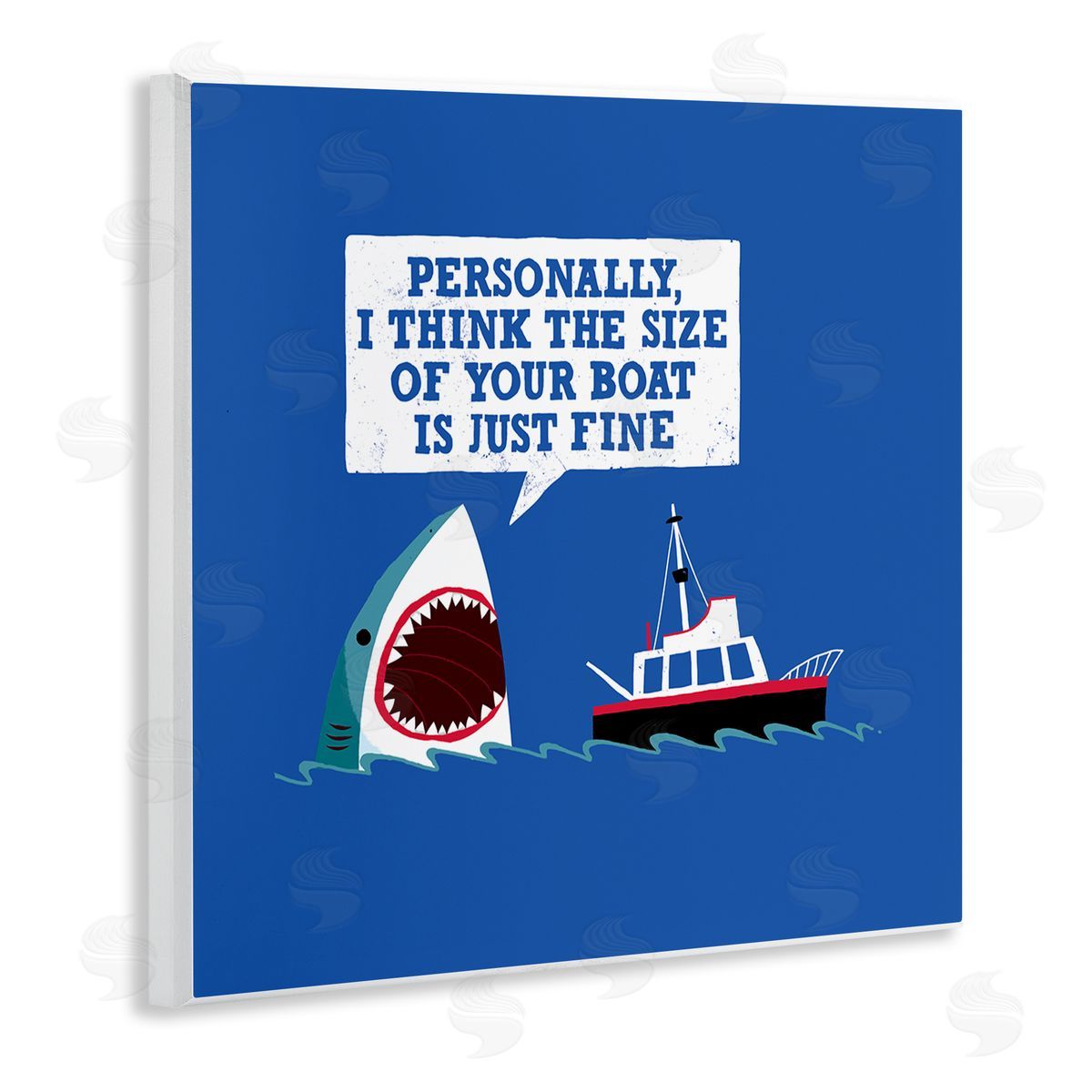 Michael Buxton Silly Shark Eating Boat Ship Blue Ocean Waves  Wooden Wall Plaque Art Print