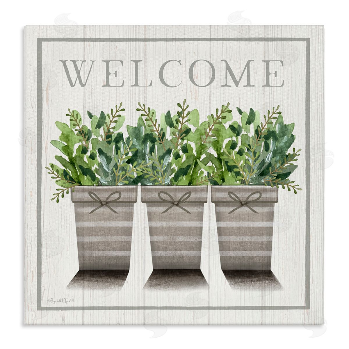 Elizabeth Tyndall Welcome Sign Cottage Theme Potted Plants Botanicals Stretched Canvas Wall Art Print