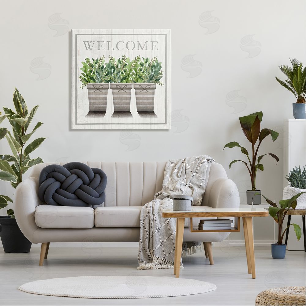 Elizabeth Tyndall Welcome Sign Cottage Theme Potted Plants Botanicals Canvas Wall Art in Room