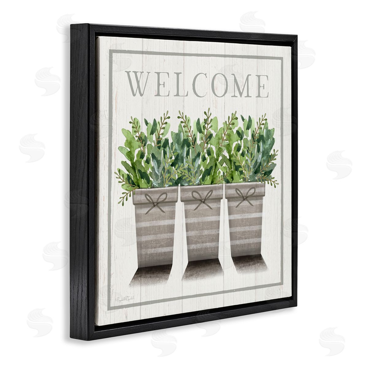 Elizabeth Tyndall Welcome Sign Cottage Theme Potted Plants Botanicals Black Floating Frame Canvas Wall Art Print