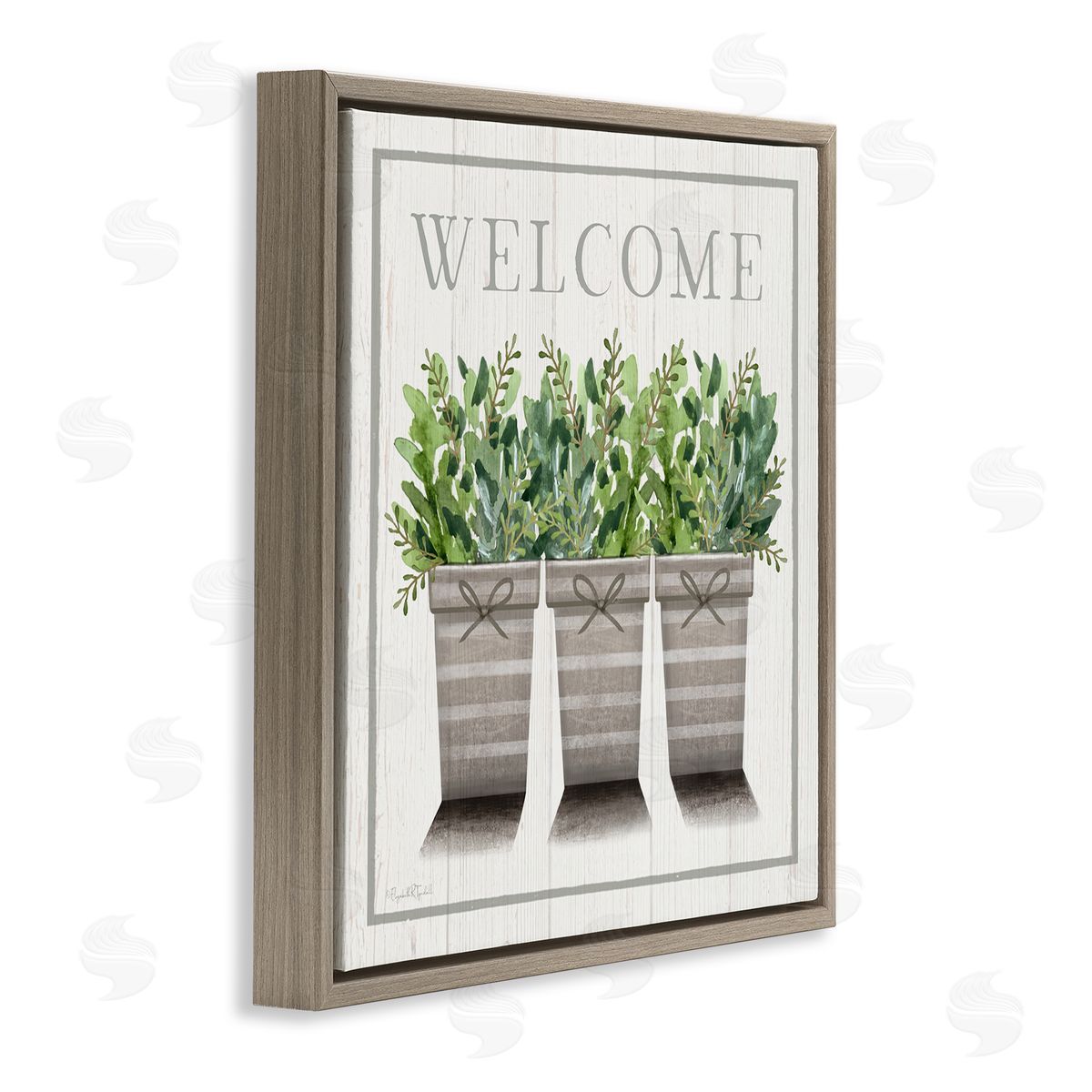 Elizabeth Tyndall Welcome Sign Cottage Theme Potted Plants Botanicals Brown Floating Frame Canvas Wall Art Print