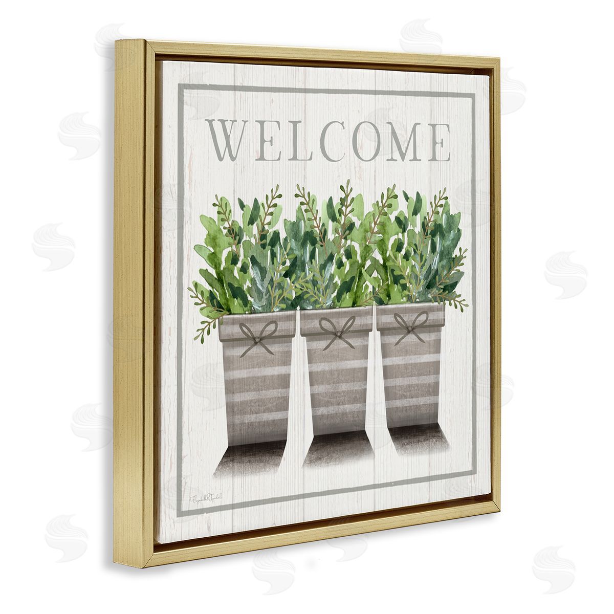 Elizabeth Tyndall Welcome Sign Cottage Theme Potted Plants Botanicals Gold Floating Frame Canvas Wall Art Print