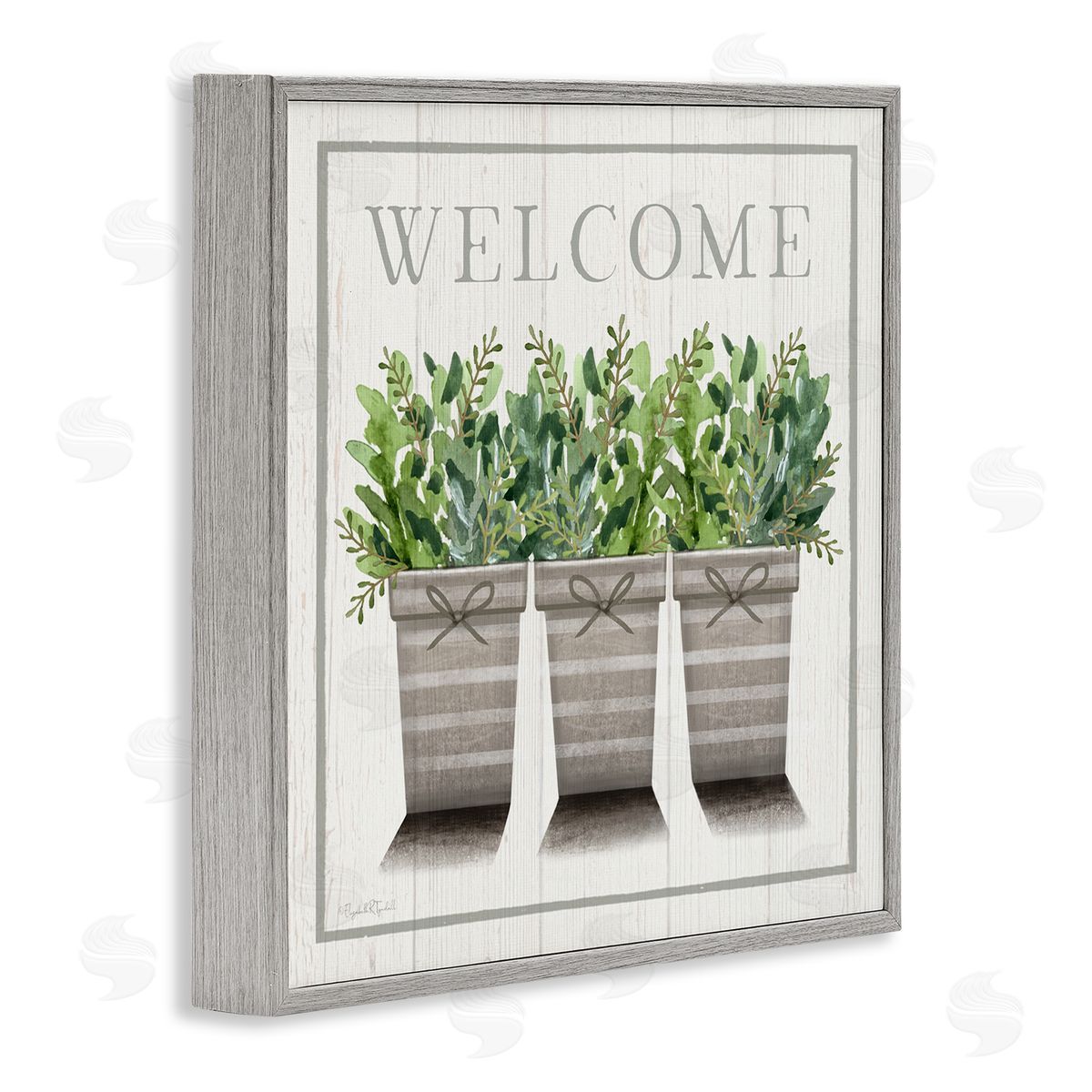 Elizabeth Tyndall Welcome Sign Cottage Theme Potted Plants Botanicals Gray Framed Glicee Wall Art Print