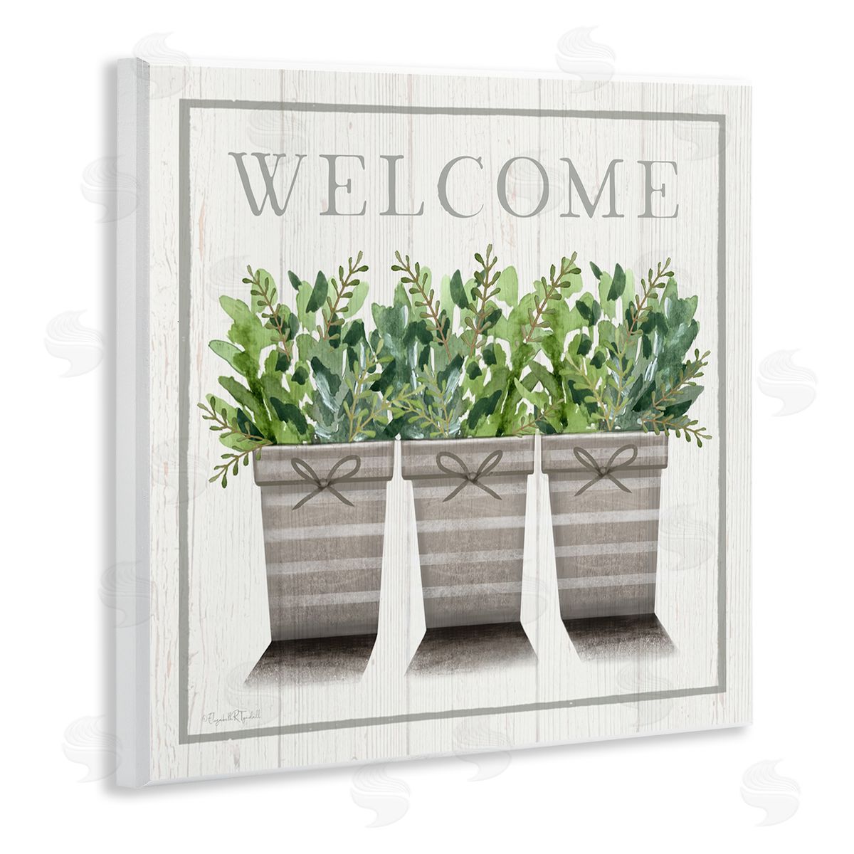Elizabeth Tyndall Welcome Sign Cottage Theme Potted Plants Botanicals Wooden Wall Plaque Art Print